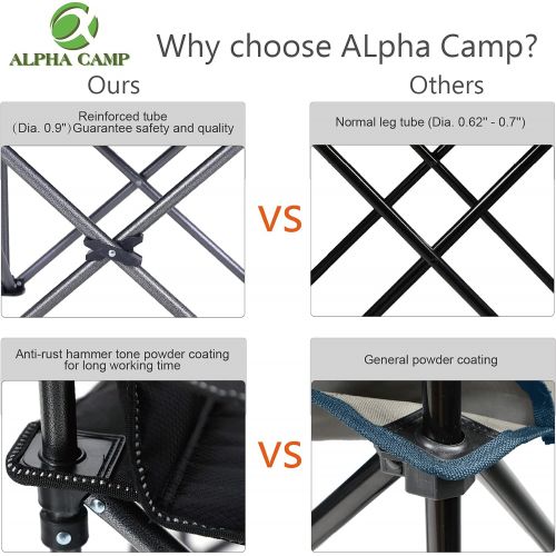  ALPHA CAMP Oversized Camping Folding Chair Heavy Duty Support 450 LBS Oversized Steel Frame Collapsible Padded Arm Chair with Cup Holder Quad Lumbar Back Chair Portable for Outdoor