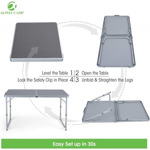  ALPHA CAMP 4ft Folding Camping Table Aluminum Adjustable Height Picnic Table Waterproof and Rust Resistant Portable Desk with Handle Stable Durable Table for Outdoor Camp Traveling