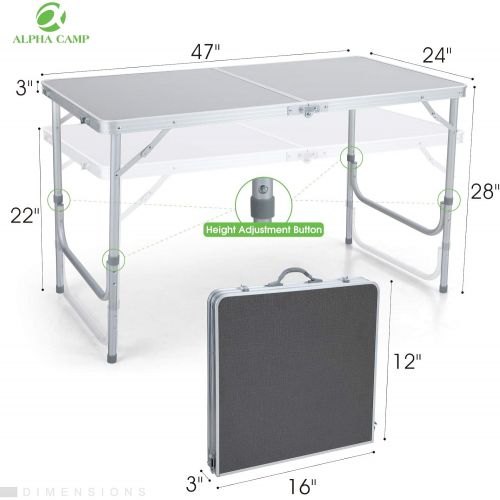  ALPHA CAMP 4ft Folding Camping Table Aluminum Adjustable Height Picnic Table Waterproof and Rust Resistant Portable Desk with Handle Stable Durable Table for Outdoor Camp Traveling
