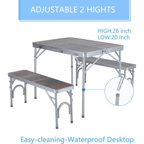  ALPHA CAMP 3-Piece Folding Camping Table with Bench Set,4FT Adjustable Aluminum Table,Portable Picnic Table with Double Handle,Outdoor Table for Camp Beach Party, Camping Table wit