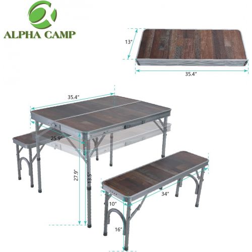  ALPHA CAMP 3-Piece Folding Camping Table with Bench Set,4FT Adjustable Aluminum Table,Portable Picnic Table with Double Handle,Outdoor Table for Camp Beach Party, Camping Table wit