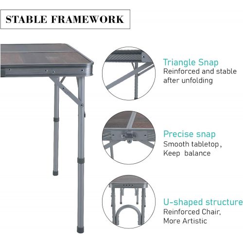  ALPHA CAMP 3-Piece Folding Camping Table with Bench Set,4FT Adjustable Aluminum Table,Portable Picnic Table with Double Handle,Outdoor Table for Camp Beach Party, Camping Table wit