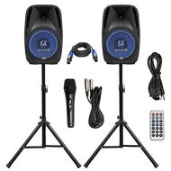 Pair Alphasonik All-in-one 12 Powered 1500W PRO DJ Amplified Loud Speakers with Bluetooth USB SD Card AUX MP3 FM Radio PA System LED Lights Karaoke Mic Guitar Amp 2 Tripod Stands C
