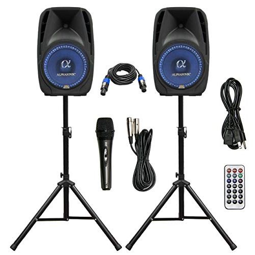  Pair Alphasonik All-in-one 12 Powered 1500W PRO DJ Amplified Loud Speakers with Bluetooth USB SD Card AUX MP3 FM Radio PA System LED Lights Karaoke Mic Guitar Amp 2 Tripod Stands C