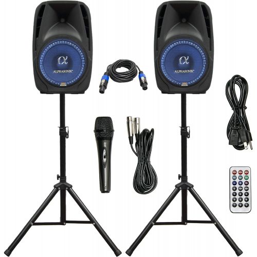  Pair Alphasonik All-in-one 12 Powered 1500W PRO DJ Amplified Loud Speakers with Bluetooth USB SD Card AUX MP3 FM Radio PA System LED Lights Karaoke Mic Guitar Amp 2 Tripod Stands C