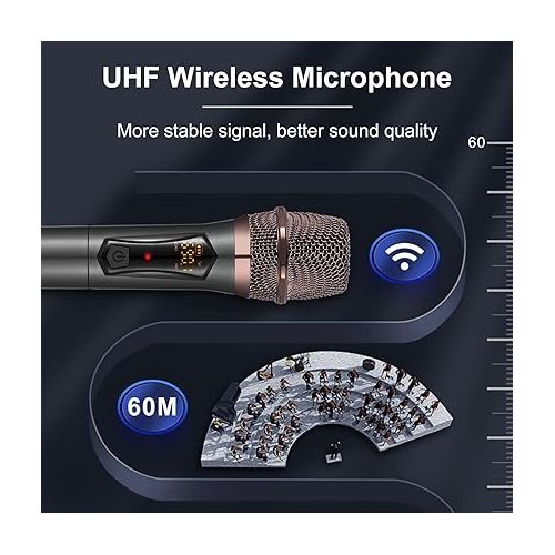  ALPOWL Wireless Microphones, UHF Metal Dynamic Microphone System with Rechargeable Receiver, 50H Duration, 200ft Range, UHF Microphone for Karaoke Singing, Wedding, DJ, Party, Speech, Church, Class