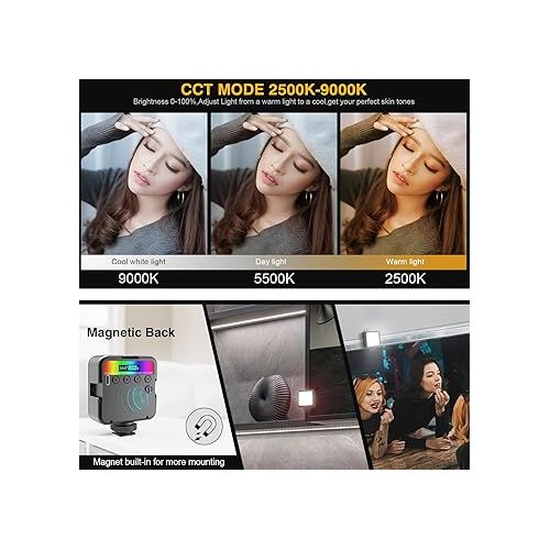  Altson Magnetic RGB Led Video Light LED Camera Light 360° Full Color Portable Photography Lighting Whit 3 Cold Shoe，，2000mAh Rechargeable CRI 96+/2500-9900K/13 Scene (Black)