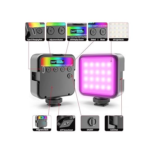  Altson Magnetic RGB Led Video Light LED Camera Light 360° Full Color Portable Photography Lighting Whit 3 Cold Shoe，，2000mAh Rechargeable CRI 96+/2500-9900K/13 Scene (Black)