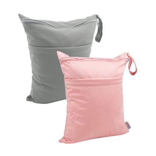  [아마존베스트]ALVABABY 2pcs Cloth Diaper Wet/Dry Bags|Waterproof Reusable with Two Zippered Pockets|Travel, Beach, Pool, Daycare, Soiled Baby Items,Yoga，Gym Bag or Wet Cloth Bag (Grey & Pink, Re