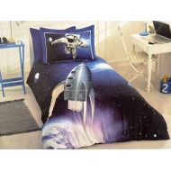 ALWAYS_CHEAPEST Space Astronaut Themed Childrens Duvet Cover Quilt Cover Bedding Set, Spacecraft Explorer Single/Twin Bedding for Boys, 100% Cotton, Blue (3 PCS)