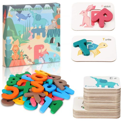 [아마존베스트]ALeaf DmbsmOB Alphabet and Number Flash Cards- Preschool Educational Montessori Toys, ABC Wooden Lettersand Numbers Animal Card Board Matching Puzzle Game , Girls Boys Age 3-8Years Old