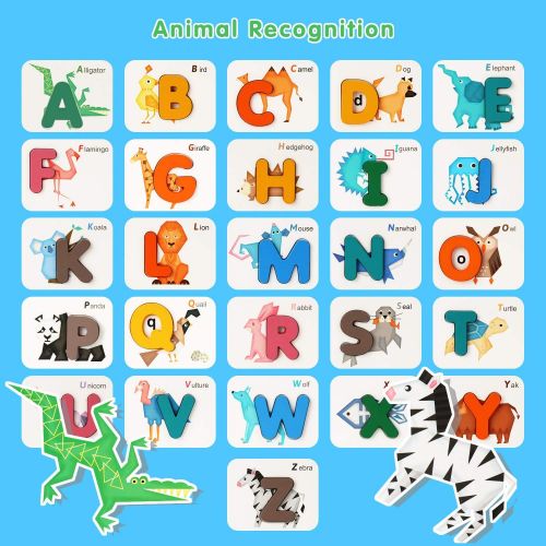  [아마존베스트]ALeaf DmbsmOB Alphabet and Number Flash Cards- Preschool Educational Montessori Toys, ABC Wooden Lettersand Numbers Animal Card Board Matching Puzzle Game , Girls Boys Age 3-8Years Old