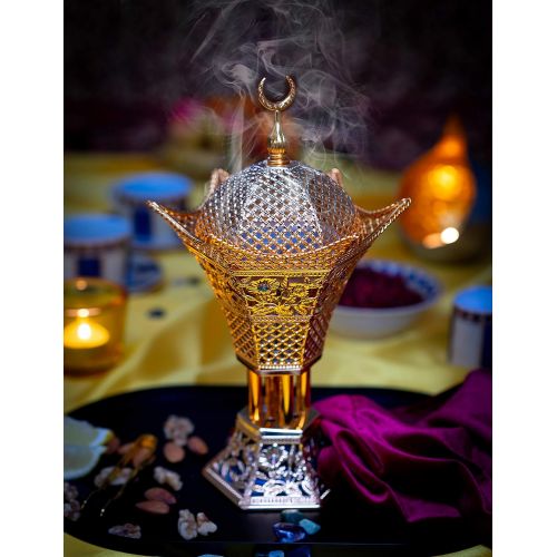  인센스스틱 AM Bakhoor Charcoal Incense Burner - Oud Frankincense Resin Burner 10.5 Inches Tall - for Bakhoor Oud Incense Sticks Cones - Luxury Filigree (Gold)