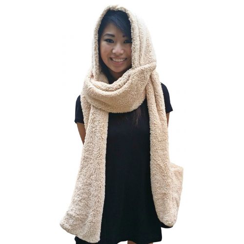  AM Landen Ladies Wool Velvet Soft All In One Soft Hood Hats Scarf Gloves(Sand Beige)