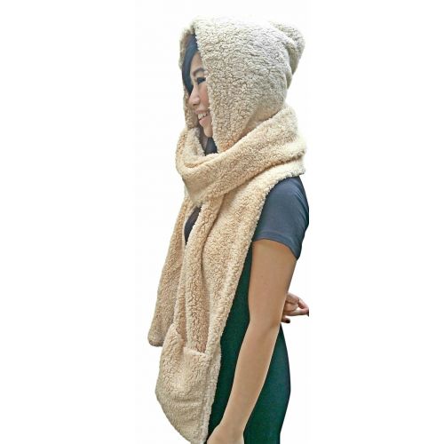  AM Landen Ladies Wool Velvet Soft All In One Soft Hood Hats Scarf Gloves(Sand Beige)