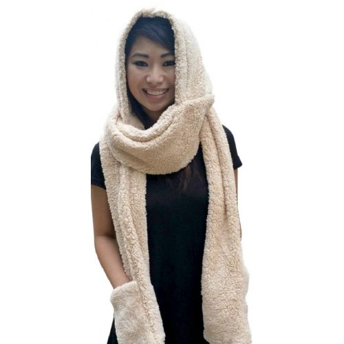  AM Landen Ladies Wool Velvet Soft All In One Soft Hood Hats Scarf Gloves(Sand Beige)