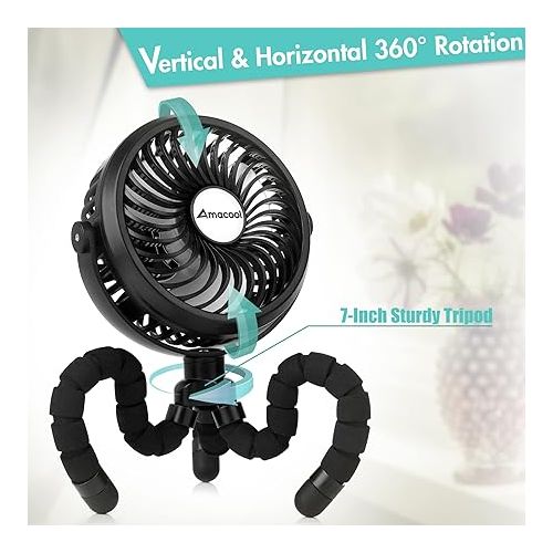  AMACOOL Battery Operated Stroller Fan Flexible Tripod Clip On Fan with 3 Speeds and Rotatable Handheld Personal Fan for Car Seat Crib Bike Treadmill (Black)