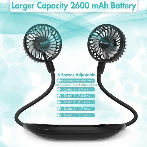  [아마존베스트]Amacool Neck Fan 2600mah Battery Operated Neckband Fan 6-Speed Hand-Free Wearable Personal USB Fan for Hot Flashes Home Office Travel Outdoor Sports (White)