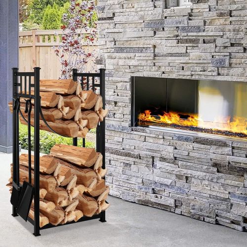  Amagabeli GARDEN & HOME Amagabeli Fireplace Log Holder Wrought Iron + Bundle Fireplace Log Rack with 4 Tools