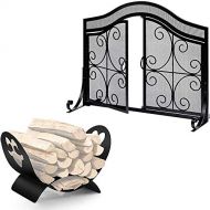 Amagabeli GARDEN & HOME Amagabeli Fireplace Screen with Doors Bundle Fireplace Log Holder Firewood Basket