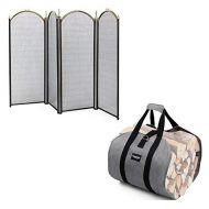 Amagabeli GARDEN & HOME Amagabeli Large Gold Fireplace Screen 4 Panel Bundle Firewood Carrier Tote Waxed Canvas Log Tote