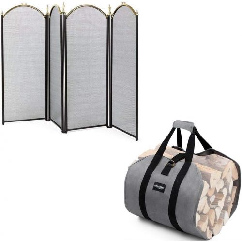  Amagabeli GARDEN & HOME Amagabeli Large Gold Fireplace Screen 4 Panel Bundle Firewood Carrier Tote Waxed Canvas Log Tote
