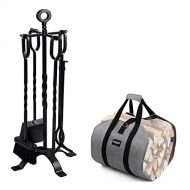 Amagabeli GARDEN & HOME Amagabeli 5 Pieces Fireplace Tools Set Indoor Bundle Firewood Carrier Tote Waxed Canvas Log Tote