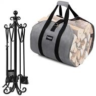 Amagabeli GARDEN & HOME Amagabeli 5 Pieces Scroll Fireplace Tools Bundle Firewood Carrier Tote Waxed Canvas Log Tote