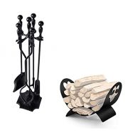Amagabeli GARDEN & HOME Amagabeli 5 Pcs Fireplace Tools Sets Black Handle Bunlde Firewood Rack Indoor Carrier
