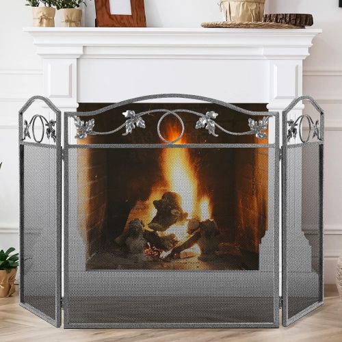  Amagabeli GARDEN & HOME Amagabeli 49.6 x 28.9 Inch Fireplace Screen 3 Panel Pewter Foldable Wrought Iron Fireplace Cover Large Fireplace Screens for Wood Burning Metal Mesh Fire Spark Guard Fire Place Scr