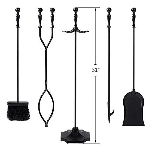  Amagabeli GARDEN & HOME Amagabeli 5 Pcs Fireplace Tools Sets Black Handle Wrought Iron Large Fire Tool Set and Holder Outdoor Fireset Fire Pit Stand Indoor Rustic Tongs Shovel Antique Brush Chimney Poker