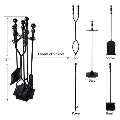  Amagabeli GARDEN & HOME Amagabeli 5 Pcs Fireplace Tools Sets Black Handle Wrought Iron Large Fire Tool Set and Holder Outdoor Fireset Fire Pit Stand Indoor Rustic Tongs Shovel Antique Brush Chimney Poker