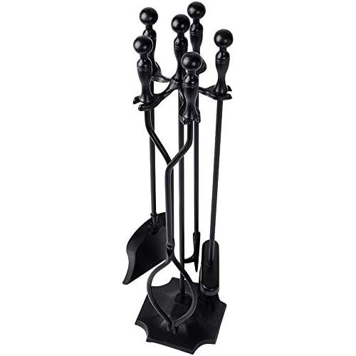  Amagabeli GARDEN & HOME Amagabeli 5 Pcs Fireplace Tools Sets Black Handle Wrought Iron Large Fire Tool Set and Holder Outdoor Fireset Fire Pit Stand Indoor Rustic Tongs Shovel Antique Brush Chimney Poker