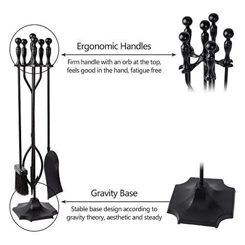  Amagabeli GARDEN & HOME Amagabeli 5 Pcs Fireplace Tools Sets Black Handle Wrought Iron Large Fire Tool Set and Holder Outdoor Fireset Fire Pit Stand Indoor Rustic Tongs Shovel Antique Brush Chimney Poker