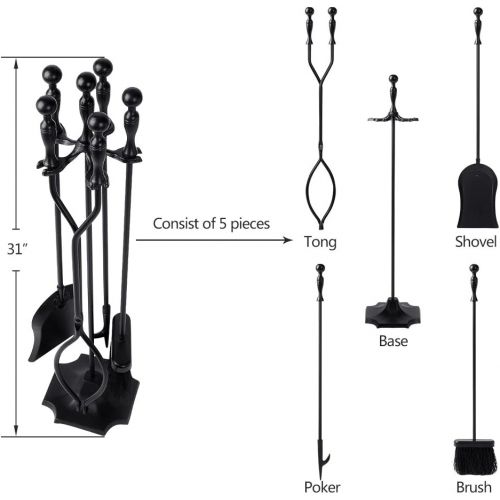  Amagabeli GARDEN & HOME Amagabeli 5 Pcs Fireplace Tools Sets Black Handle Wrought Iron Large Fire Tool Set and Holder Outdoor Fireset Fire Pit Stand Indoor Rustic Tongs Shovel Antique Brush Chimney Poker