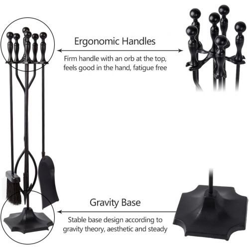  Amagabeli GARDEN & HOME Amagabeli 5 Pcs Fireplace Tools Sets Black Handle Wrought Iron Large Fire Tool Set and Holder Outdoor Fireset Fire Pit Stand Indoor Rustic Tongs Shovel Antique Brush Chimney Poker