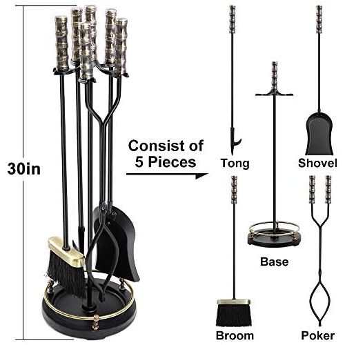  Amagabeli GARDEN & HOME Amagabeli 30in Fireplace Tools Set Brass Handle 5Pieces Wrought Iron Indoor Fireset Stand Wood Log Holder Outdoor Fire Pit Hearth Accessories Kit Antique Fire Tongs Shovel Brush Ch