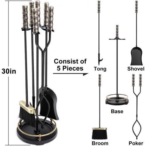  Amagabeli GARDEN & HOME Amagabeli 30in Fireplace Tools Set Brass Handle 5Pieces Wrought Iron Indoor Fireset Stand Wood Log Holder Outdoor Fire Pit Hearth Accessories Kit Antique Fire Tongs Shovel Brush Ch