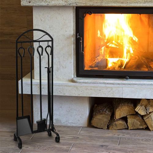  Amagabeli GARDEN & HOME Amagabeli 5 Pieces Fireplace Tools Indoor Outdoor Large Wrought Iron Firewood Toolset with Decor Holder Black Fireset Pit Stand Fire Place Log Tongs Tools Kit Sets with Handles Woo
