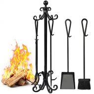 Amagabeli GARDEN & HOME Amagabeli 5 Pieces Scroll Fireplace Tools Cast Iron Indoor Firewood Tools with Log Holder Outdoor Fireset Pit Stand Large Tongs Shovel Antique Broom Chimney Poker Wood Stove Hearth