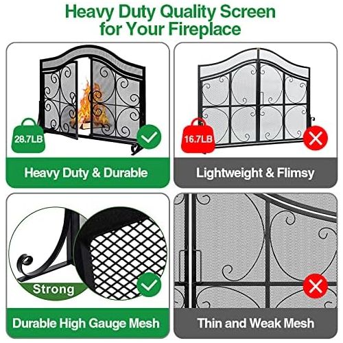  Amagabeli GARDEN & HOME Amagabeli Fireplace Screen with Doors Large Flat Guard Fire Screens Outdoor Metal Decorative Mesh Solid Wrought Iron Fire Place Panels Wood Burning Stove Accessories Black