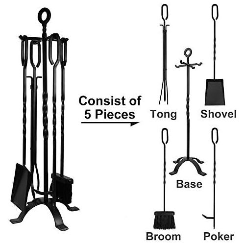  Amagabeli GARDEN & HOME Amagabeli 5 Pieces Fireplace Tools Set Indoor Wrought Iron Fire Set Fire Place Pit Large Poker Wood Stove Log Firewood Tongs Holder Tools Kit Sets with Handles Modern Black Outdoor