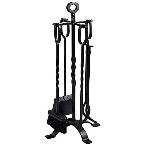  Amagabeli GARDEN & HOME Amagabeli 5 Pieces Fireplace Tools Set Indoor Wrought Iron Fire Set Fire Place Pit Large Poker Wood Stove Log Firewood Tongs Holder Tools Kit Sets with Handles Modern Black Outdoor