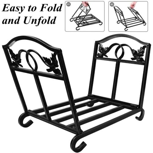  Amagabeli GARDEN & HOME Amagabeli Firewood Rack Indoor Outdoor Heavy Duty Foldable Firewood Holder Wrought Iron Fireplace Log Holders with Leaves Design and Raised Arched Feet Wood Rack for Firewood Metal