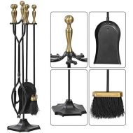 Amagabeli GARDEN & HOME Amagabeli 5 Pieces Fireplace Tools Sets Brass Handles Wrought Iron Set and Holder Indoor Outdoor Fireset Fire Pit Stand Rustic Tongs Shovel Brush Chimney Poker Wood Stove Hearth Ac