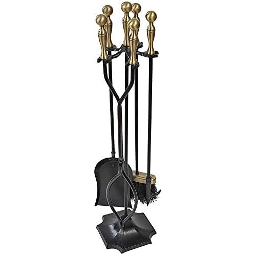  Amagabeli GARDEN & HOME Amagabeli 5 Pieces Fireplace Tools Sets Brass Handles Wrought Iron Set and Holder Indoor Outdoor Fireset Fire Pit Stand Rustic Tongs Shovel Brush Chimney Poker Wood Stove Hearth Ac