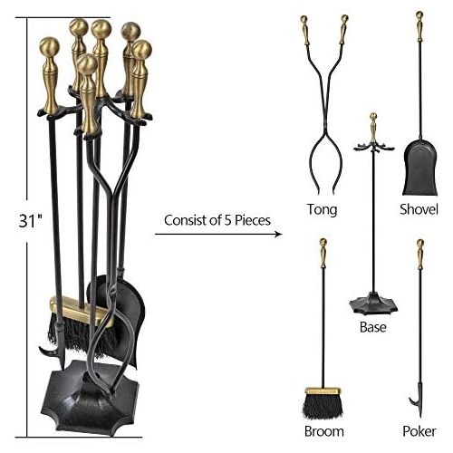 Amagabeli GARDEN & HOME Amagabeli 5 Pieces Fireplace Tools Sets Brass Handles Wrought Iron Set and Holder Indoor Outdoor Fireset Fire Pit Stand Rustic Tongs Shovel Brush Chimney Poker Wood Stove Hearth Ac