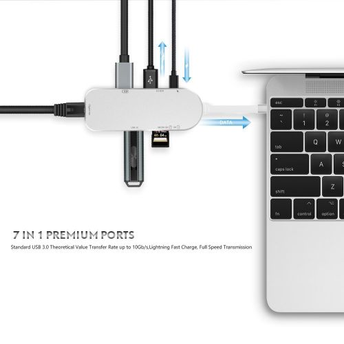  AMALEN Amalen USB C Hub 7 in 1 Thunderbolt 3 MacBook Adapter USB C to USB 3.0 Type C Hub with Gigabit Ethernet,4K HDMI,PD Power,SDTF Card Reader,10 Gbps USB Extension Docking Hub for Mac