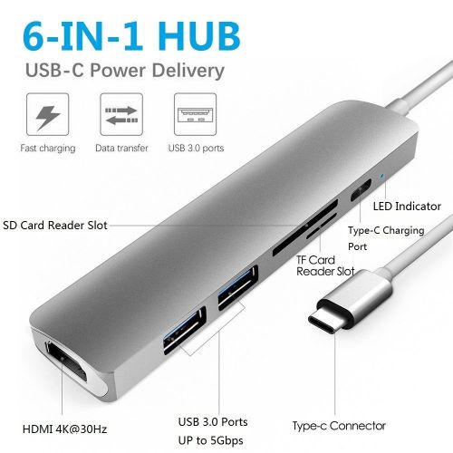 AMALEN USB C Hub, Amalen Multiport Type-C Adapter Dongle with 56W Charging port, 4K HDMI, Card Reader, 2 USB 3.0 Ports for Macbook Pro, Chromebook, HP Spectre, DELL XPS, Acer Aspire and m