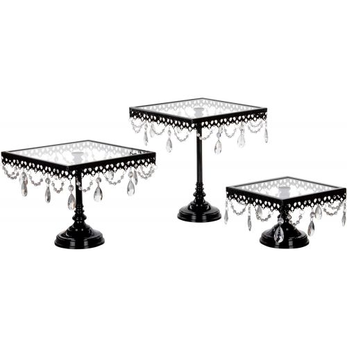  AMALFI DEECOR Amalfi Decor Square Cake Stand Set of 3 Pack, Dessert Cupcake Pastry Candy Display Plate for Wedding Event Birthday Party, Glass Top Metal Pedestal Holder with Crystals, Silver